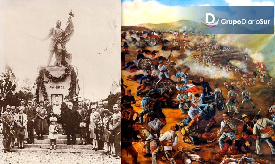 La foto de la inauguración de la estatua, en 1927, al héroe más grande de Osorno y al lado un cuadro de la batalla en la quebradaa de Tarapacá.