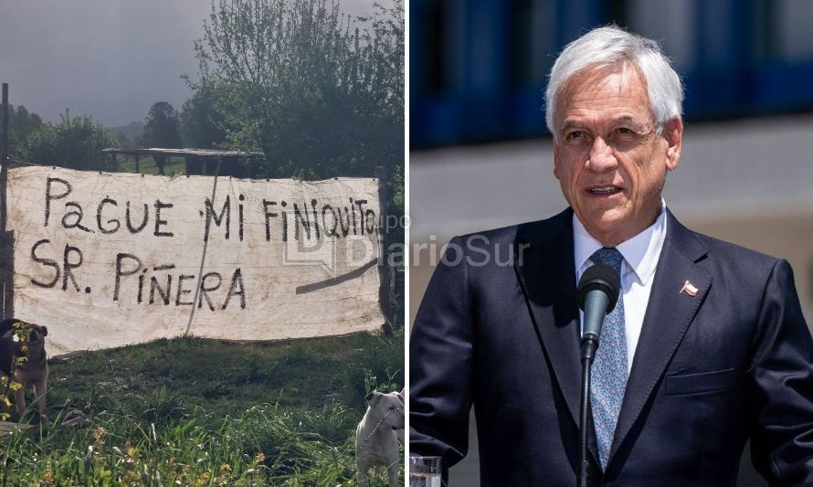 El cartel se encuentra en un fundo que pertenece al expresidente Piñera:. Crédito foto: Grupo DiarioSur (izquierda)/ Redes sociales expresidente Piñera (derecha).